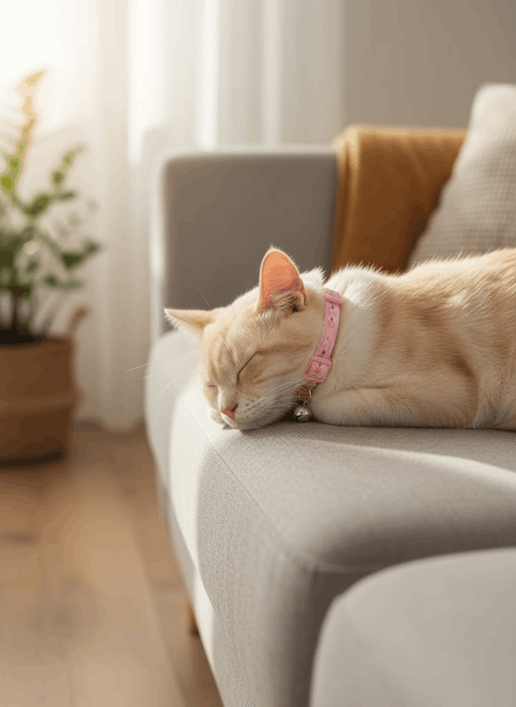 Cat sleeping on a couch in a cozy living room
