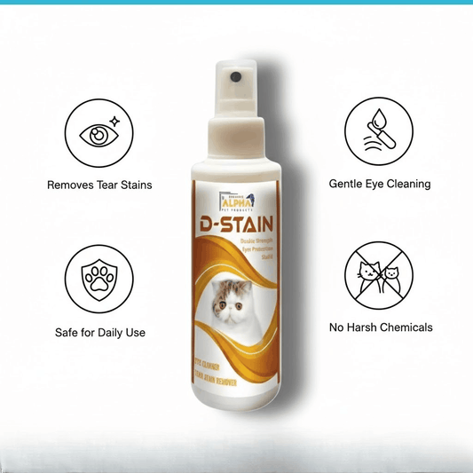 Alpha Omega D-Stain pet product bottle with features on a white background