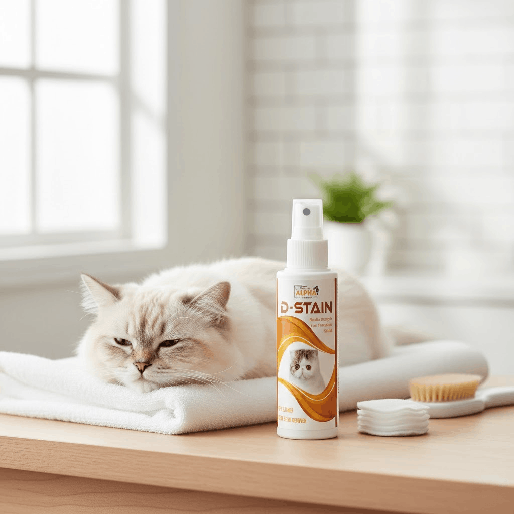 Cat lying on a towel with a bottle of D-Stain product in the foreground.