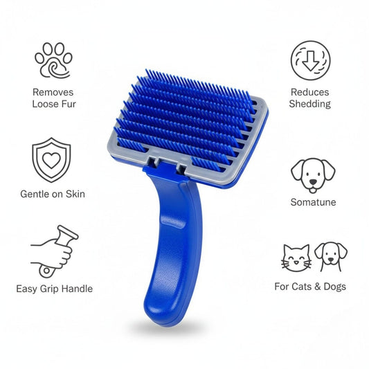 Blue pet grooming brush with features listed on a white background