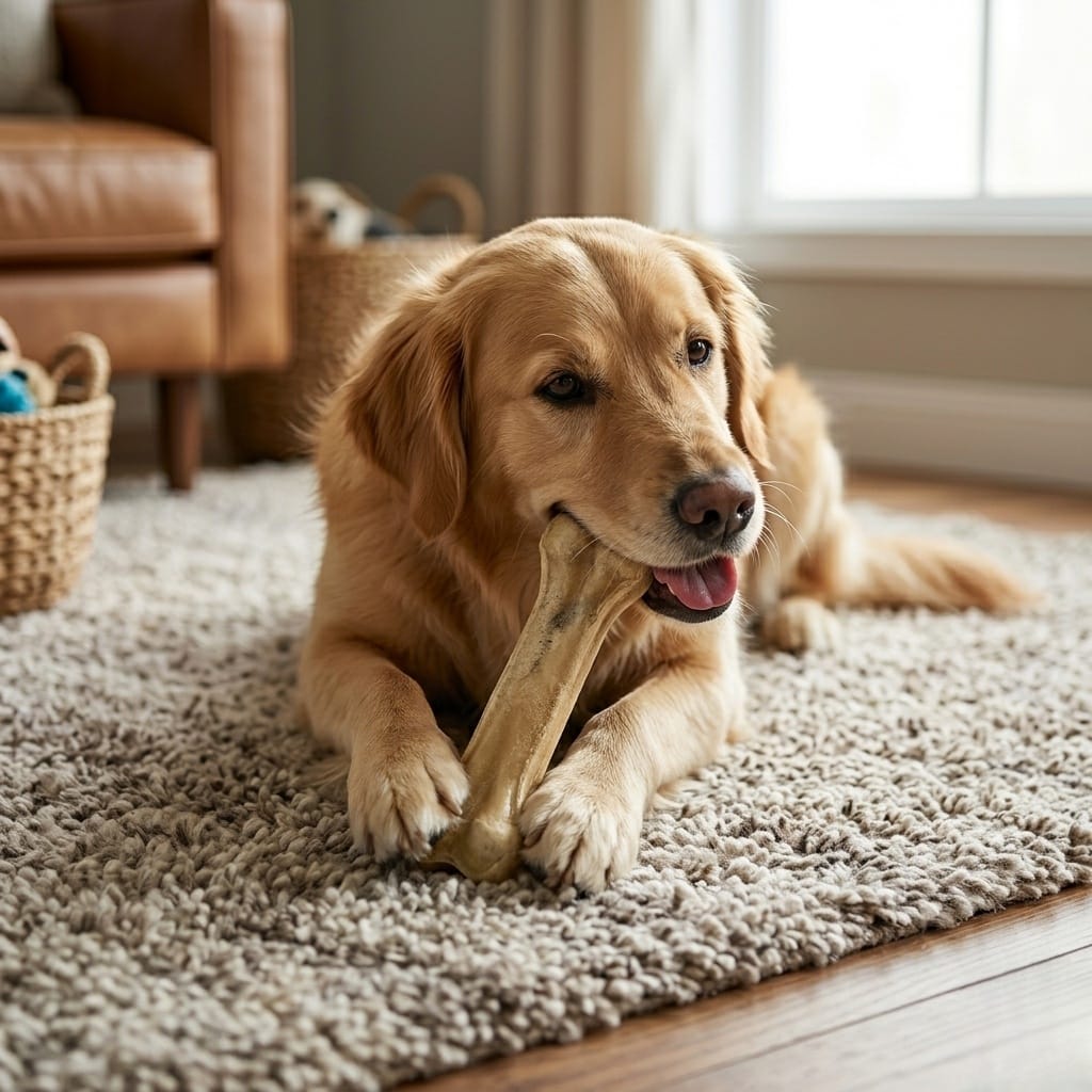 Dog chewing on a bone toy on a carpeted floor in a living room.