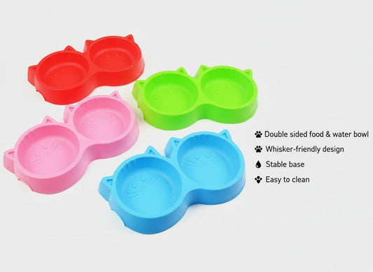 Set of four colorful double-sided pet bowls on a white background