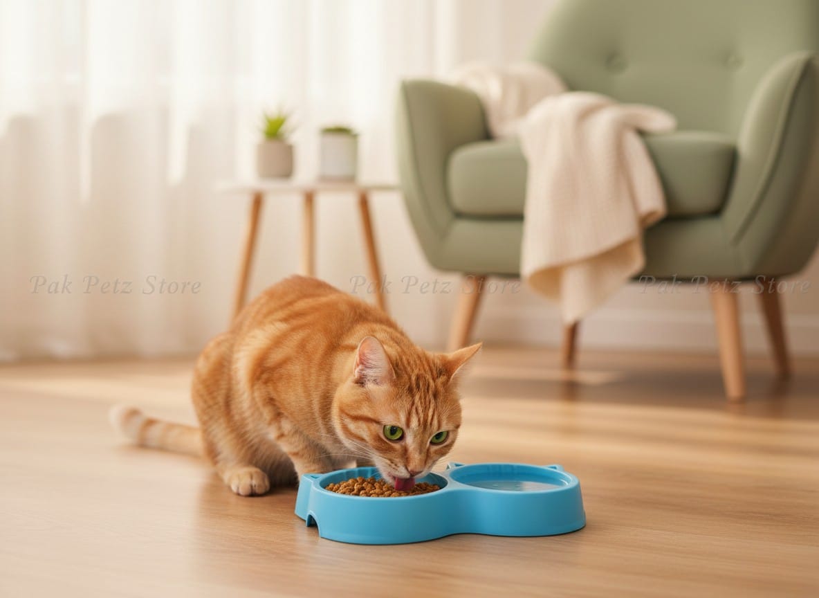 Orange cat eating from a blue pet bowl on a wooden floor with a blurred background