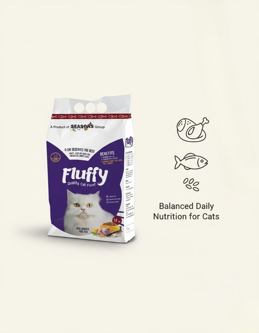 Fluffy cat food package on a beige background