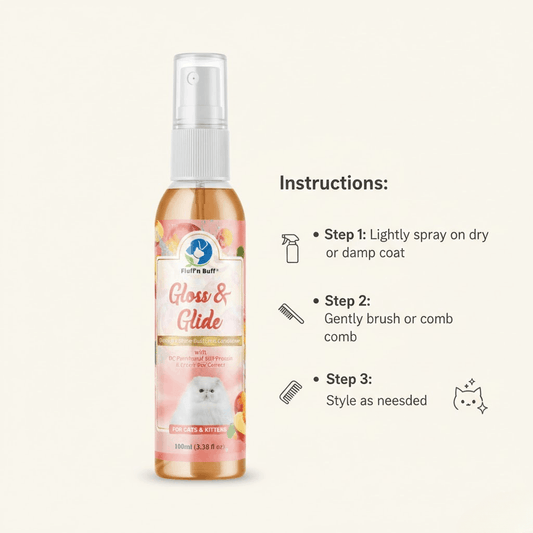 Bottle of 'Gloss & Glide' pet grooming spray with instructions on a white background