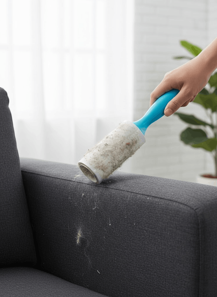 Person using a lint roller to remove fur from a gray sofa.