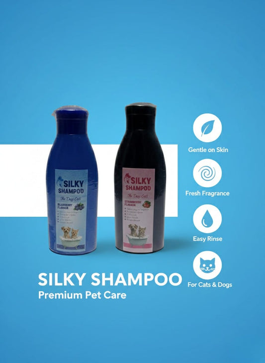 Two bottles of Silky Shampoo for pets on a blue background with product features listed.