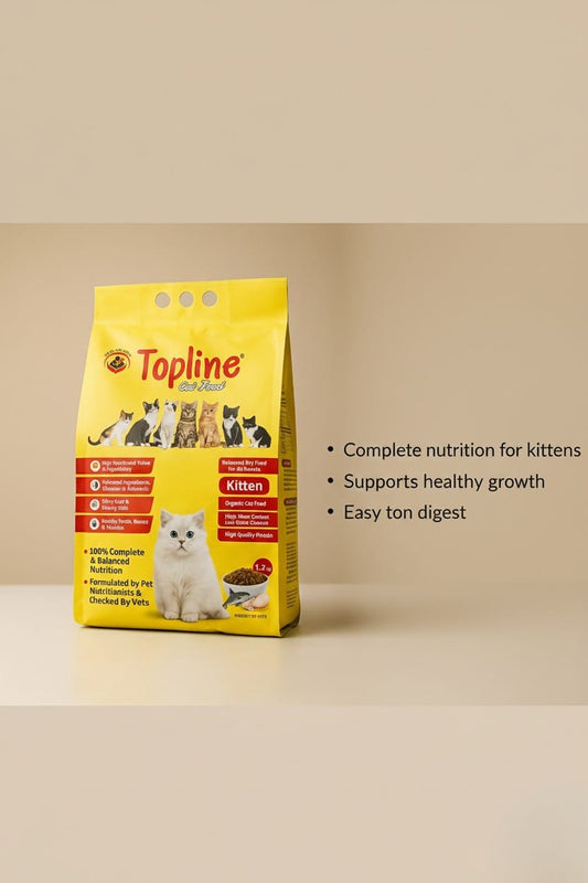 Topline cat food package for kittens on a beige background
