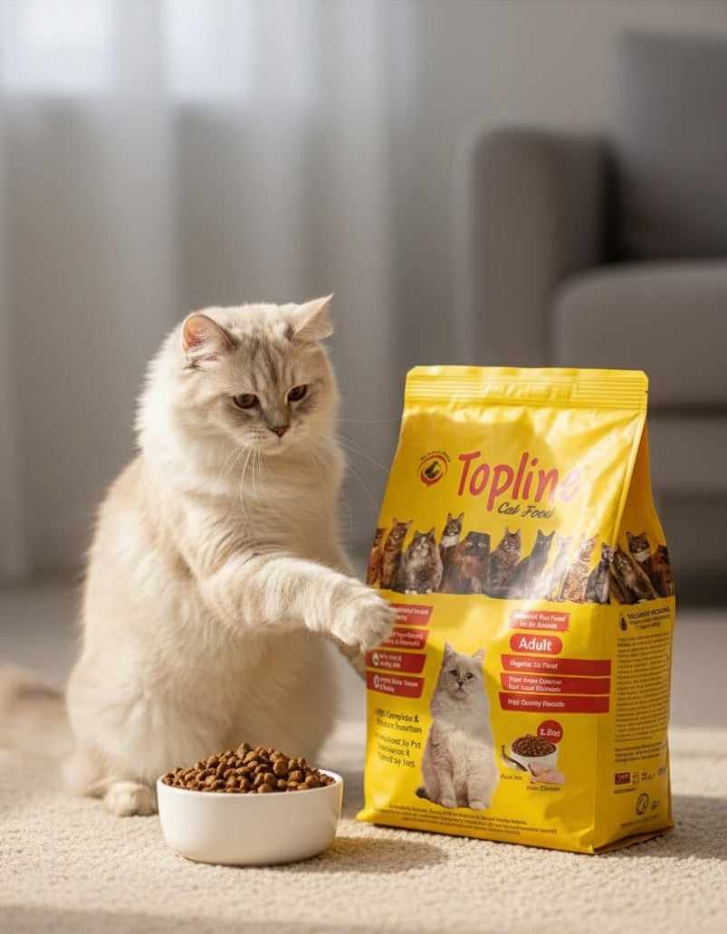 Cat interacting with a bag of Toplin cat food on a carpeted floor.