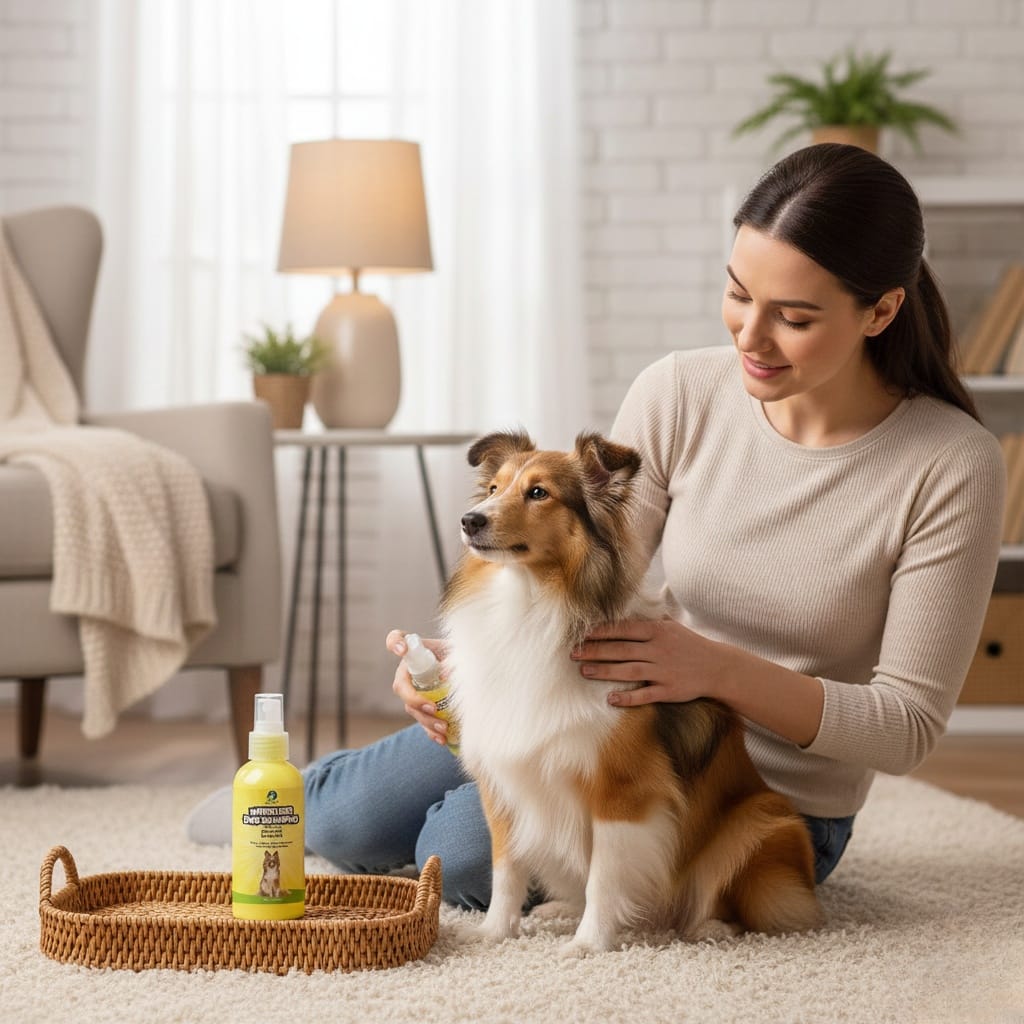 Woman petting a dog with a bottle of pet product in a living room setting