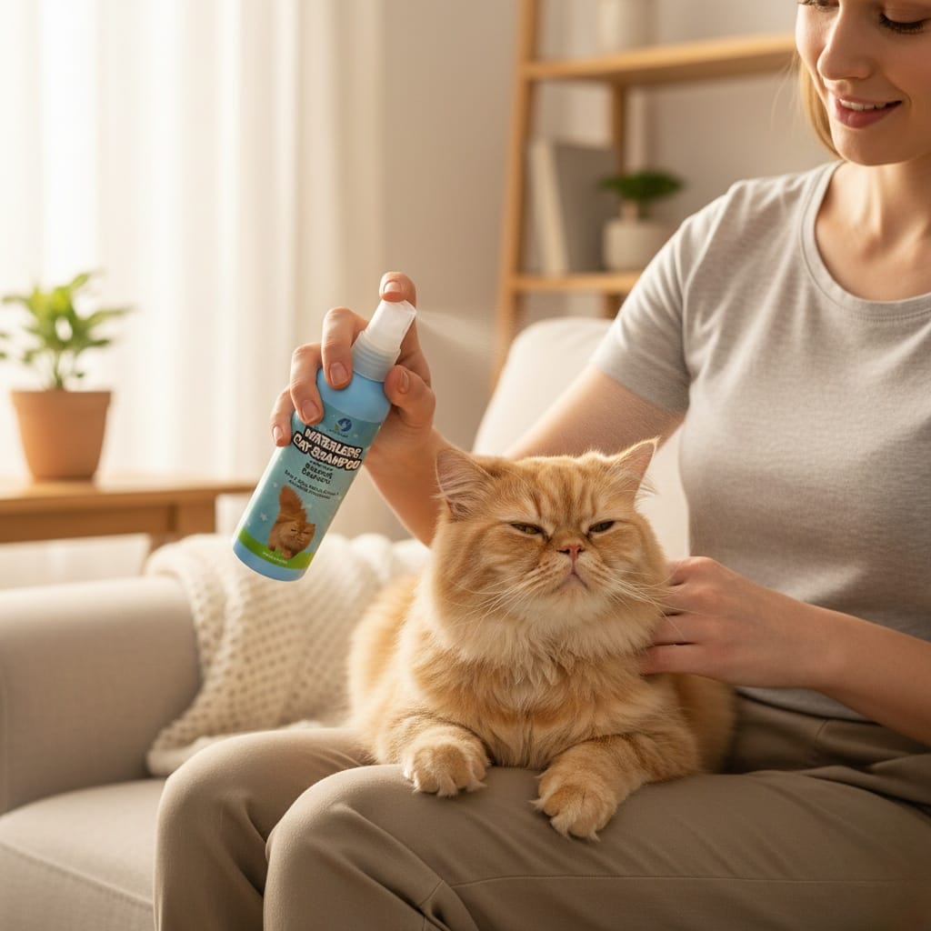 Woman sitting on a couch with an orange cat, holding a bottle of pet shampoo.