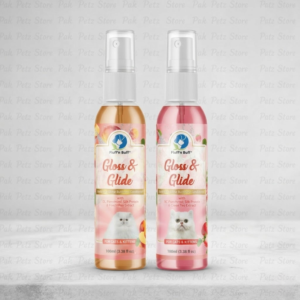 Two bottles of 'Gloss & Glide' pet product on a light gray background