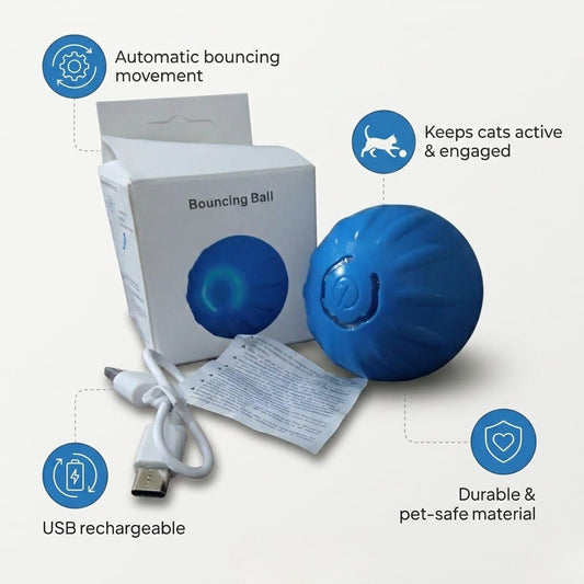 Blue bouncing ball for cats with packaging, USB cable, and user manual on a light gray background.