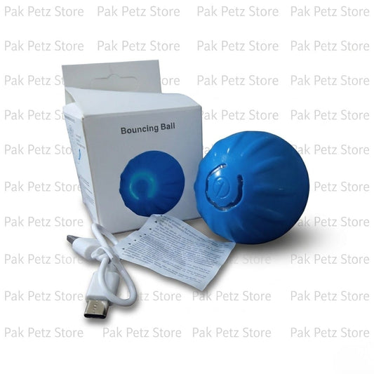 Blue bouncing ball with packaging, USB cable, and user manual on a white background.