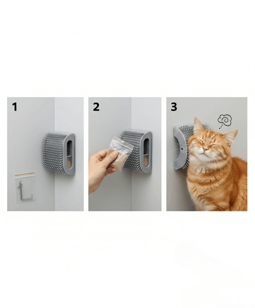 Step-by-step guide on using a wall-mounted cat litter box with a cat observing.