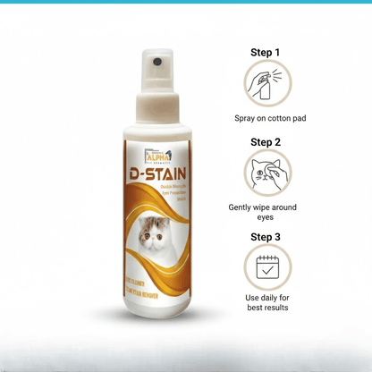 Alpha D-Stain pet stain remover bottle with usage instructions on a white background