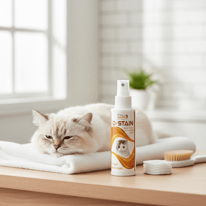Cat lying on a towel with a bottle of D-Stain product in the foreground.