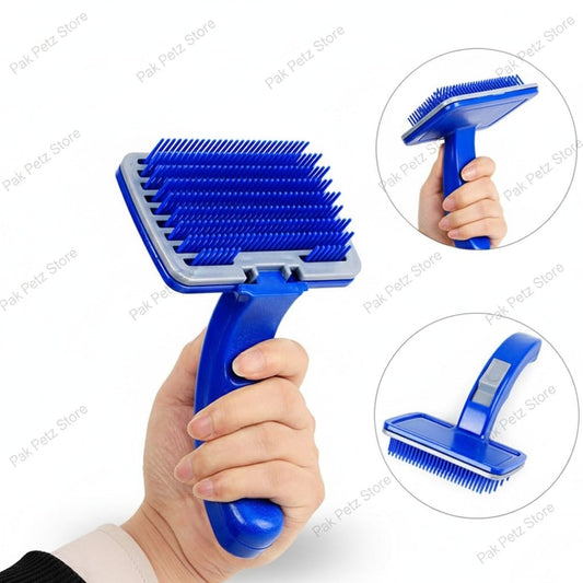Blue pet grooming brush held by a hand with close-up insets on a white background