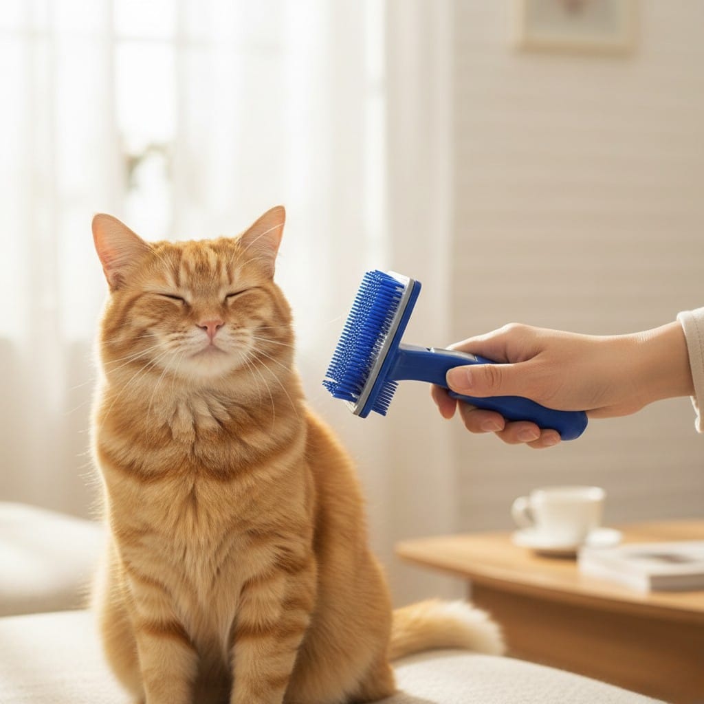 Person grooming an orange cat with a blue brush in a cozy living room.