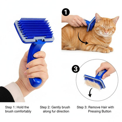 Pet grooming brush with step-by-step instructions on how to use it on a cat.