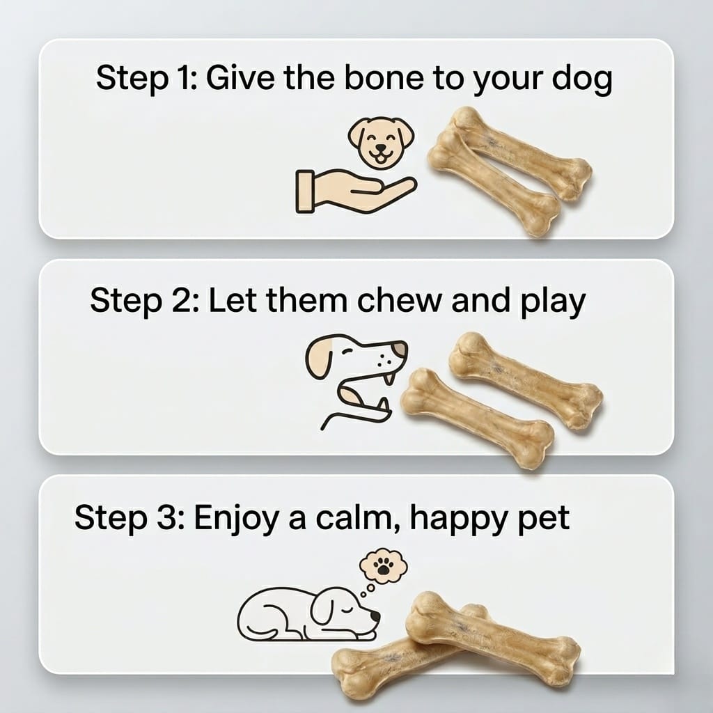Steps for giving a bone to a dog, letting them chew and play, and enjoying a calm, happy pet.