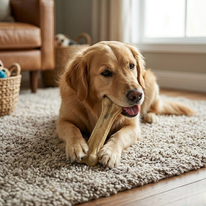 Dog chewing on a bone toy on a carpeted floor in a living room.