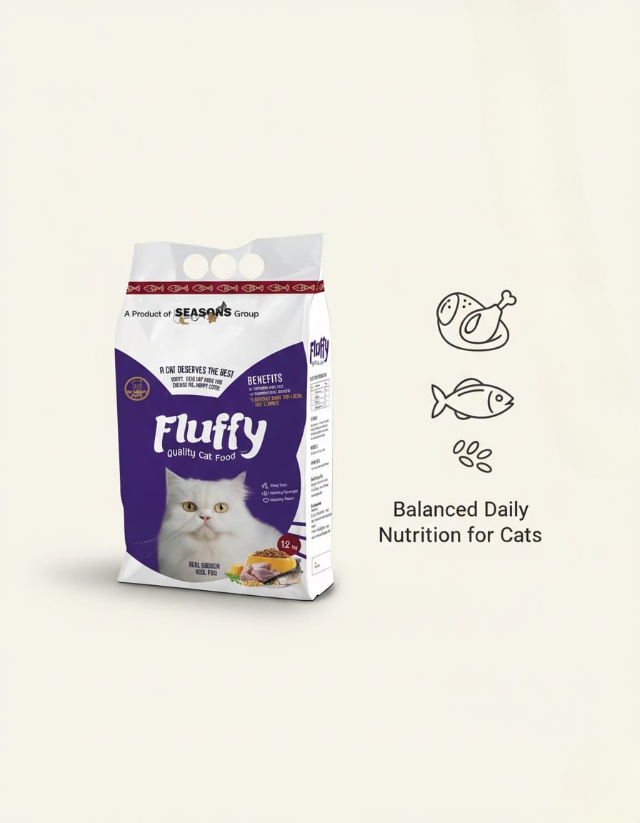 Fluffy cat food package on a beige background