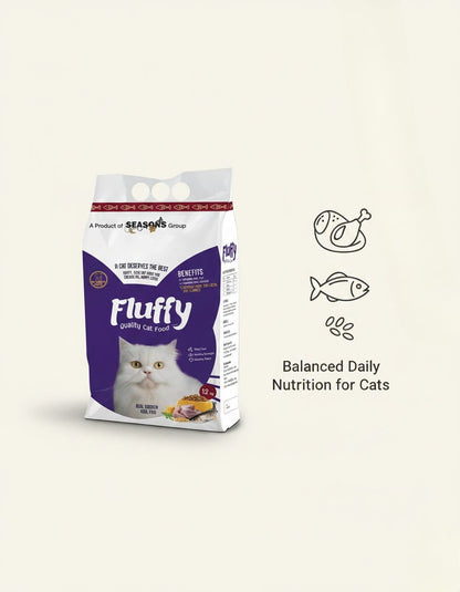 Fluffy cat food package on a beige background
