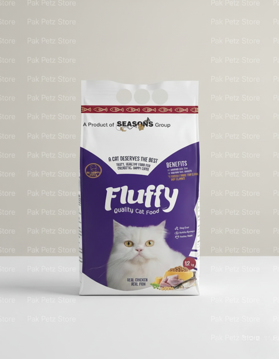 Bag of Fluffy cat food with a white cat on the label against a light gray background.