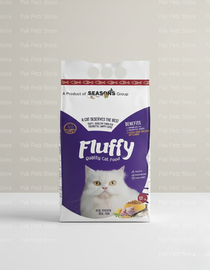 Bag of Fluffy cat food with a white cat on the label against a light gray background.