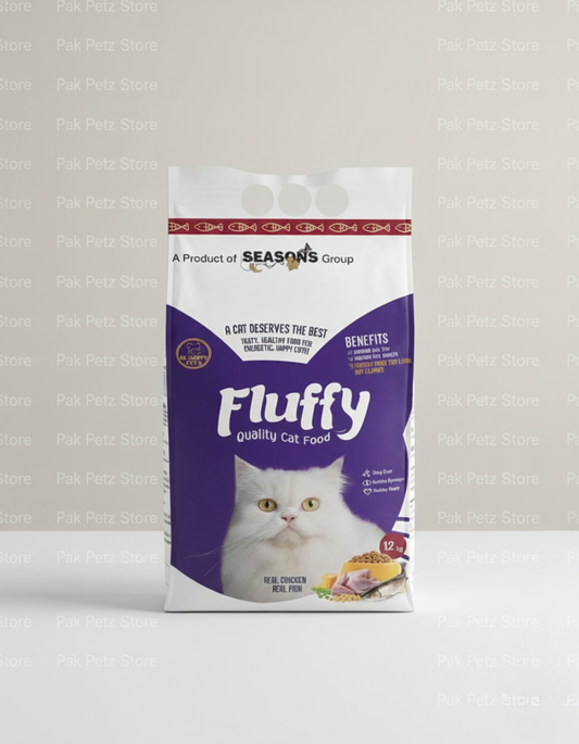 Bag of Fluffy cat food with a white cat on the label against a light gray background.