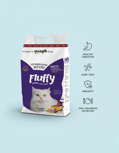 Fluffy cat food packaging with icons on a light blue background