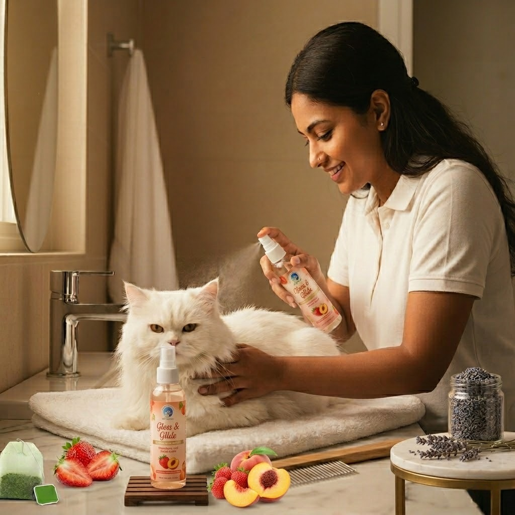 Woman with a white cat in a bathroom, holding a bottle of pet product.