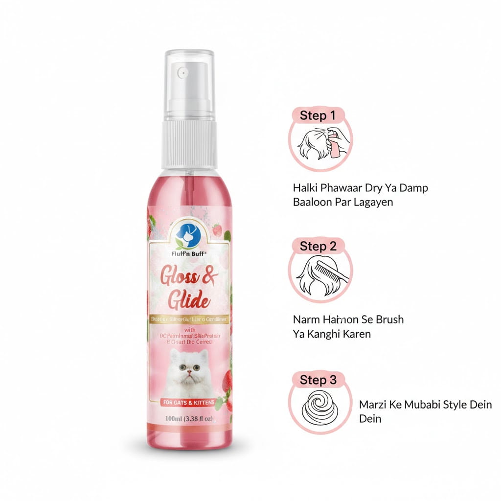 Pink bottle of 'Gloss & Glide' pet product with usage instructions on a white background