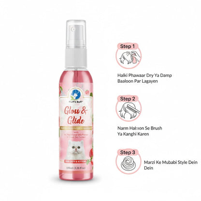 Pink bottle of 'Gloss & Glide' pet product with usage instructions on a white background