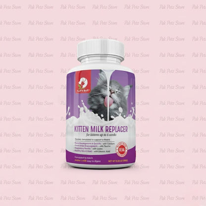 Bottle of Kitten Milk Replacer with a pink background
