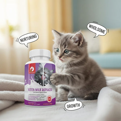 Kitten playing with a bottle of kitten milk replacer with speech bubbles indicating benefits.