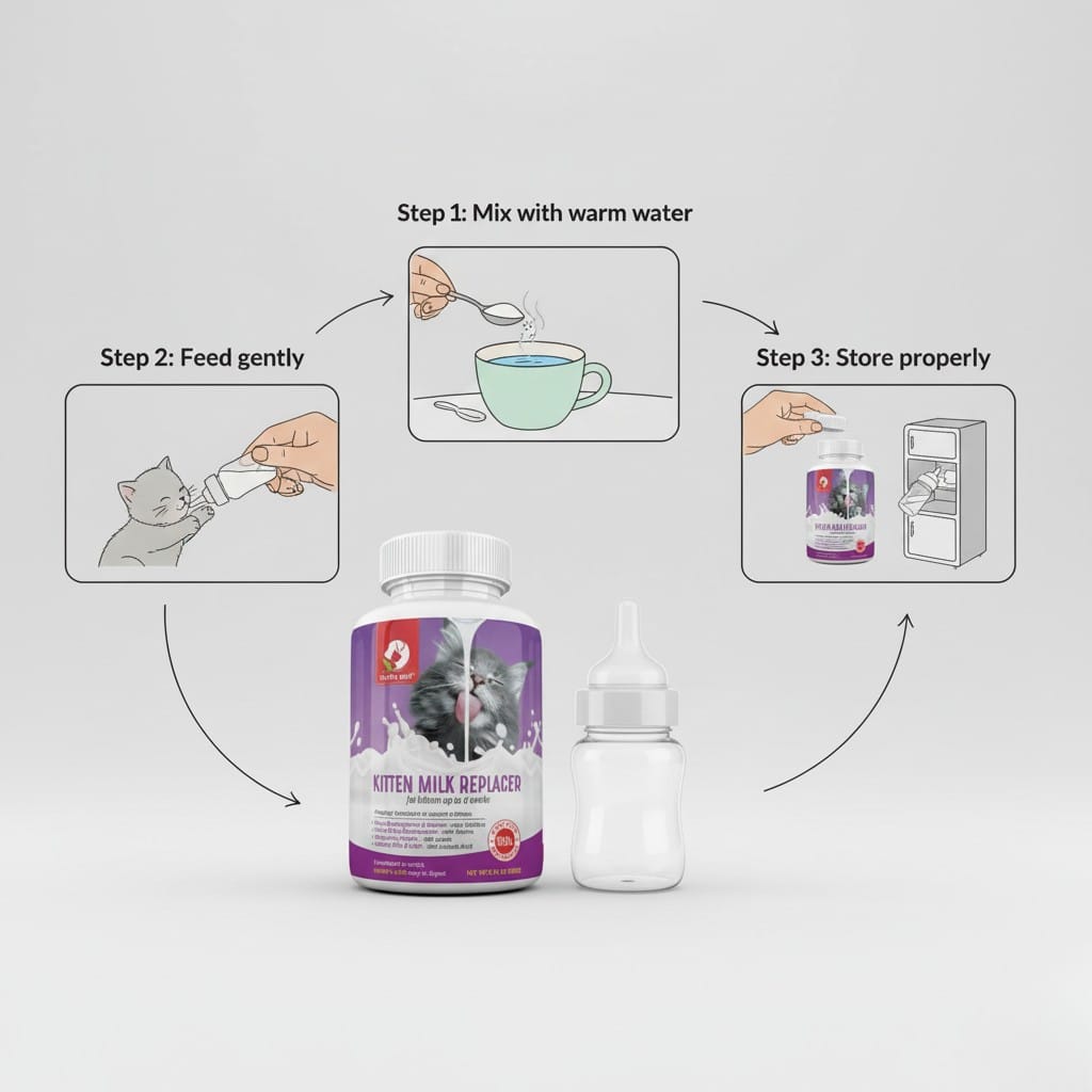 Kitten milk replacer product with usage instructions on a white background