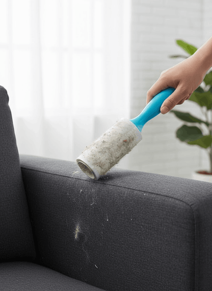 Person using a lint roller to remove fur from a gray sofa.
