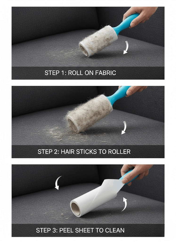 Step-by-step process of using a roller to clean fabric with hair and dust.