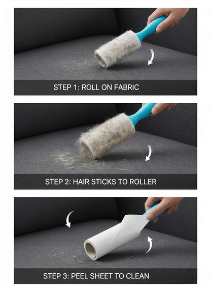 Step-by-step process of using a roller to clean fabric with hair and dust.