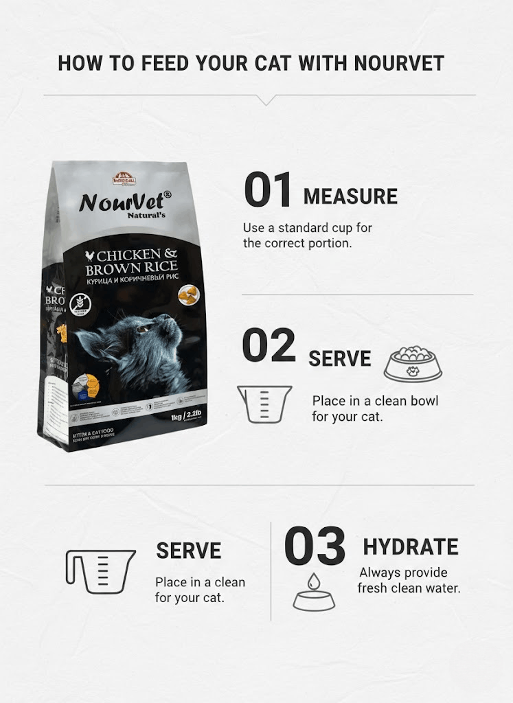 Nouvet cat food packaging with feeding instructions on a white background