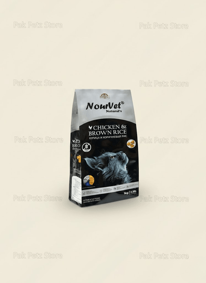 NourVet cat food package on a light gray background