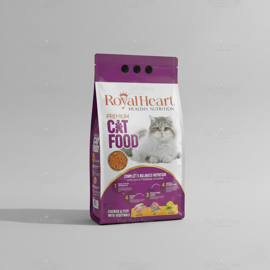 Royal Heart cat food package on a gray background
