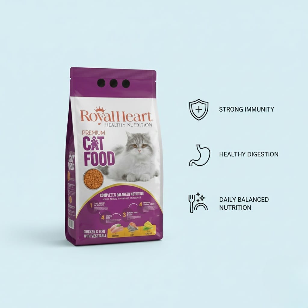 Royal Heart cat food package on a light blue background with icons indicating benefits.
