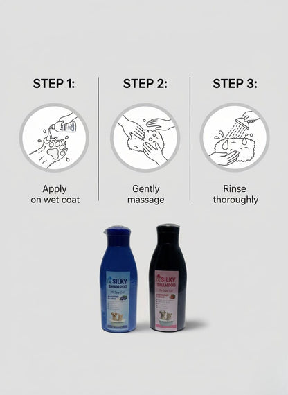 Dog shampoo product with step-by-step instructions on a light gray background