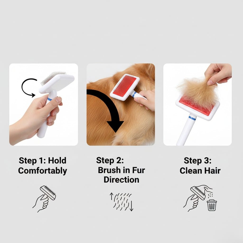 Instructions for using a pet grooming brush on a dog.