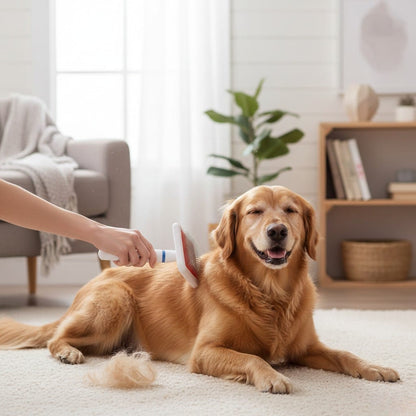 Dog being groomed by a person in a home setting