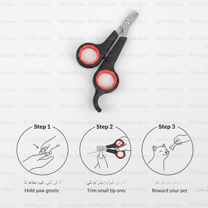 Pet nail clippers with usage instructions on a light gray background