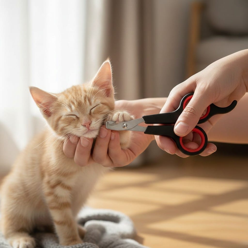 Person trimming a cat's nails with a pair of black and red scissors.